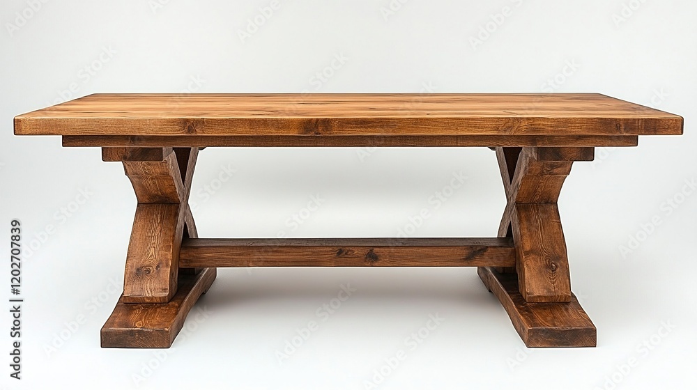 A sturdy wooden table with a rustic design, suitable for dining or workspace use. A sturdy wooden table with a rustic design, suitable for dining or workspace use.