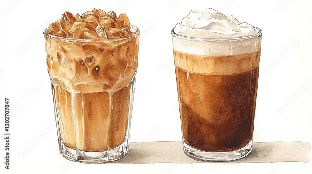 Two glasses of coffee one iced with nuts and one layered with cream. Two glasses of coffee one iced with nuts and one layered with cream.