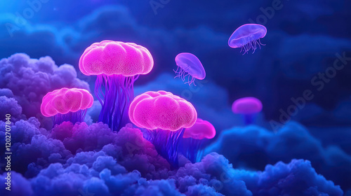 Neon Coral Reef Jellyfish Floating Above a Colorful Underwater Scene in Mid Air photo