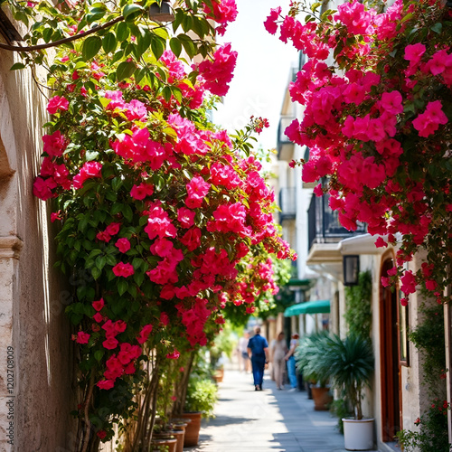 View of bougainvillea flowers in the streets of Kaleici, historical city center of Antalya, Turkey (Turkiye). Vibrant colors, scenis old street at summer day photo