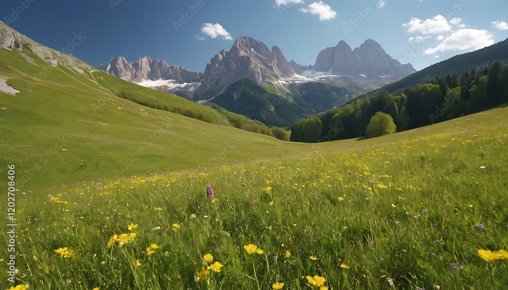 Scenic Alpine Landscape with Lush Meadows in Spring.5 Scenic Alpine Landscape with Lush Meadows in Spring.5