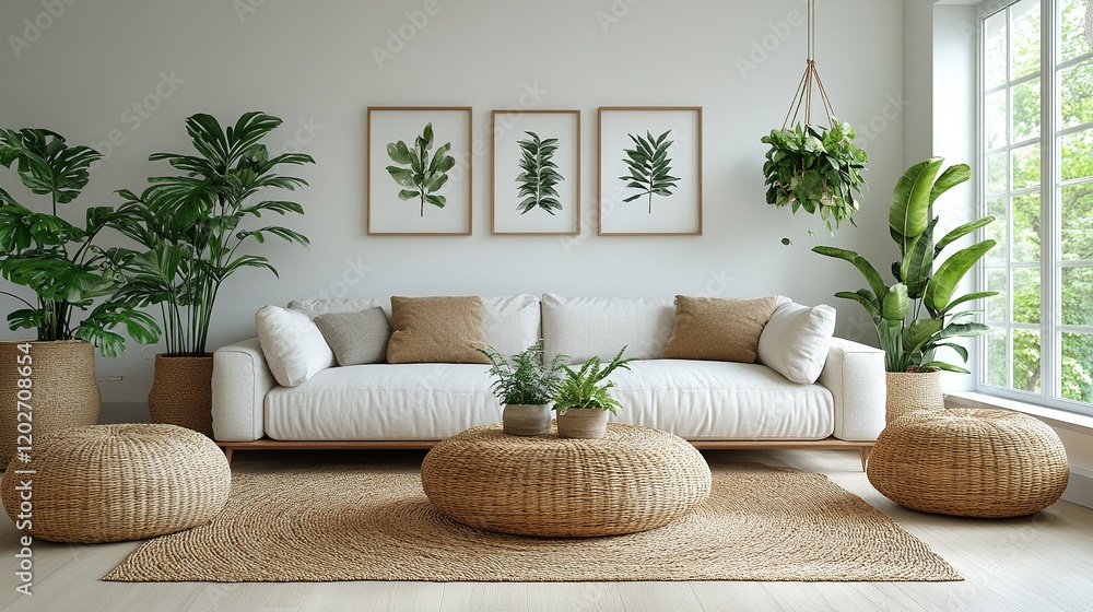 A cozy living room with plants, a sofa, and natural decor for relaxation and comfort. A cozy living room with plants, a sofa, and natural decor for relaxation and comfort.