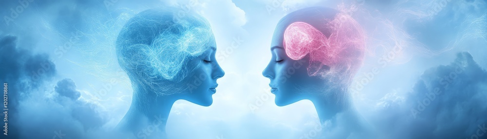 Closeup of two heads facing each other, a study in intimacy and connection two Closeup of two heads facing each other, a study in intimacy and connection two