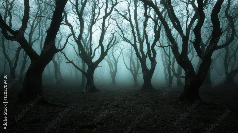Shadowy Twilight Forest with Thick Mist and Swirling Fog Creating an Eerie Atmosphere Shadowy Twilight Forest with Thick Mist and Swirling Fog Creating an Eerie Atmosphere