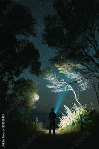 A man looking up at the night sky from the treeline.