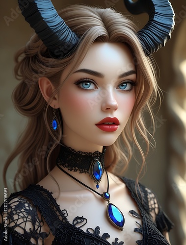 Enchanting Gothic Woman with Horns: Stunning Blue-Eyed Beauty, Elegant Dark Fantasy Portrait, Mystical Female with Black Horns, Gothic Fashion, Alluring Lady in Dark Makeup and Jewelry

