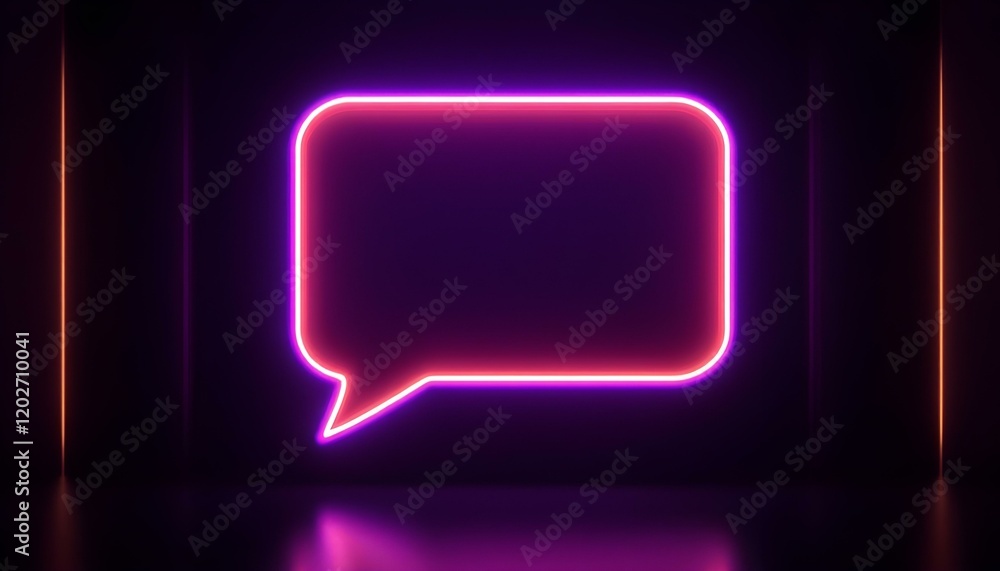 Fototapeta premium Neon-themed glowing speech bubble in purple and orange hues, set against a dark background with elegant lighting accents.