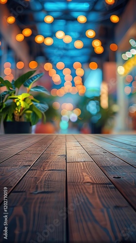 a wooden table with a plant on it in front of a building photo