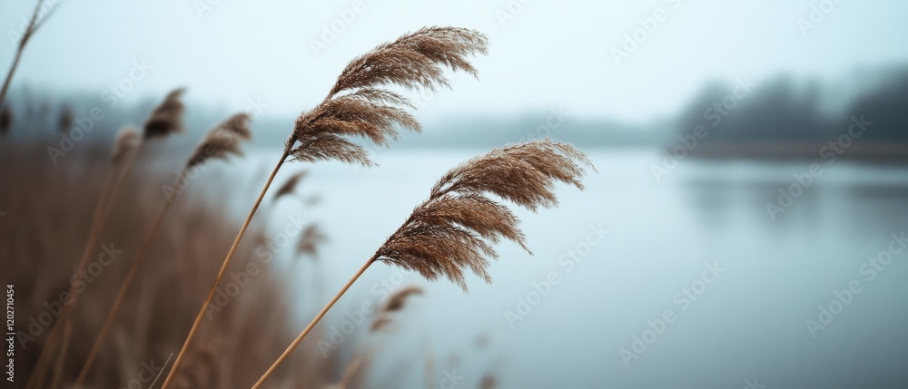 Obraz premium Tall, golden reeds sway gently by a tranquil lake, under a misty sky, offering a peaceful glimpse of nature.