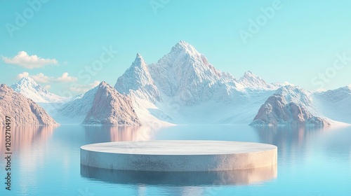 arafed concrete platform in the middle of a lake with mountains in the background photo