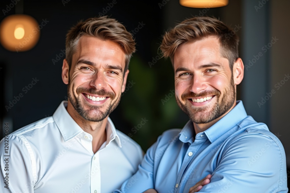 Two Confident Businessmen Smiling in Modern Office Setting, Showcasing Professionalism and Friendship with Warm Ambiance Two Confident Businessmen Smiling in Modern Office Setting, Showcasing Professionalism and Friendship with Warm Ambiance