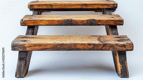 A rustic wooden ladder with three steps, showcasing a natural, weathered finish.