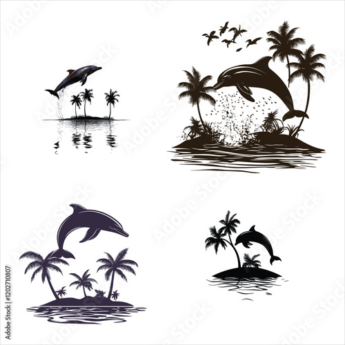 Palm trees and dolphins vector 