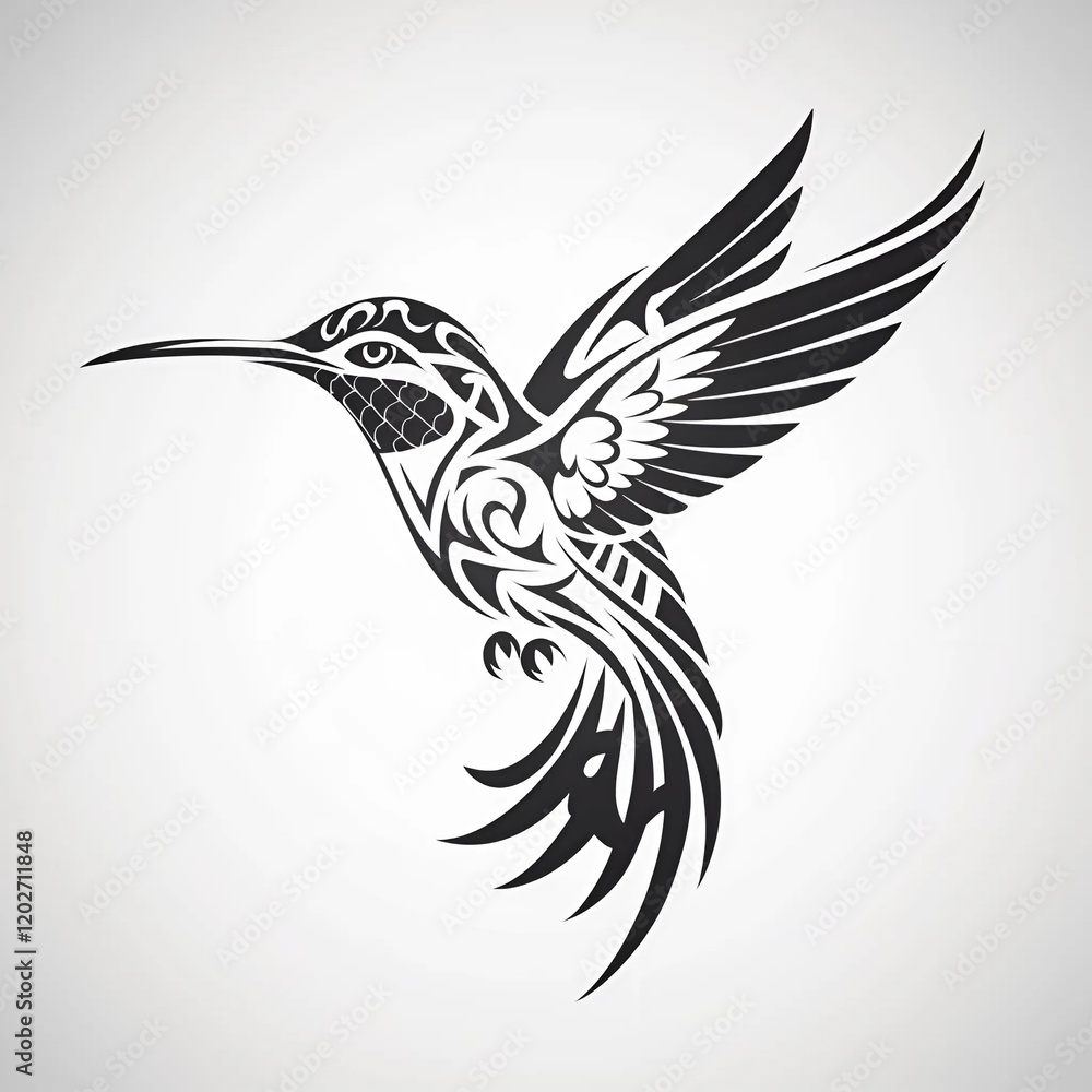 Fototapeta premium A vibrant hummingbird tattoo featuring intricate tribal patterns, showcasing a blend of nature and cultural artistry