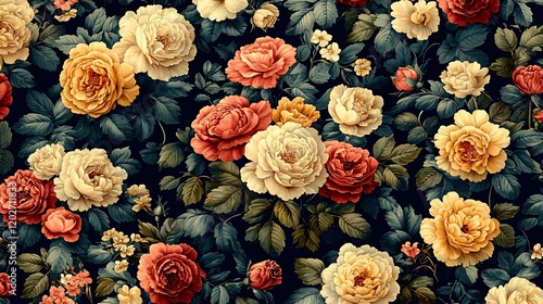 Wallpaper Mural Lush, vintage-style floral pattern featuring red, yellow, and white roses with dark green leaves on a black background. Torontodigital.ca