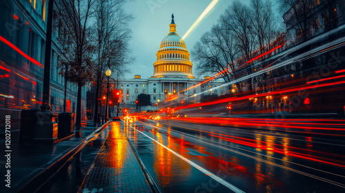 A blurred motion shot of motor car lights with the Washington D.C. Capitol building in the background, creating a dynamic and atmospheric cityscape.