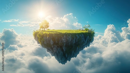 a small island floating in the sky with a tree on top photo