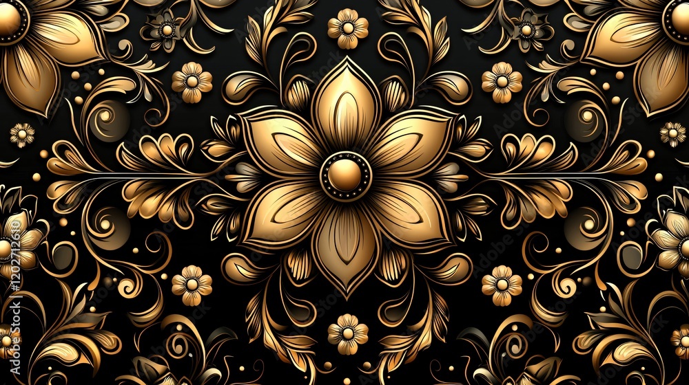 Elegant Gold Floral Design on Black Background Luxury Ornate Pattern Elegant Gold Floral Design on Black Background Luxury Ornate Pattern
