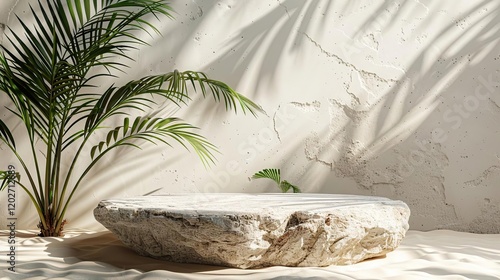 a large rock sitting on a white surface next to a plant photo