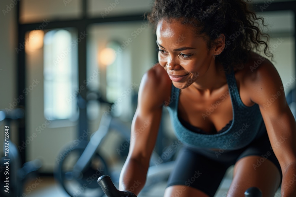 Fototapeta premium Intense Focus on Indoor Cycling - Fit Woman Engaged in Spinning Class with Determined Expression and Sweat in Modern Gym Environment