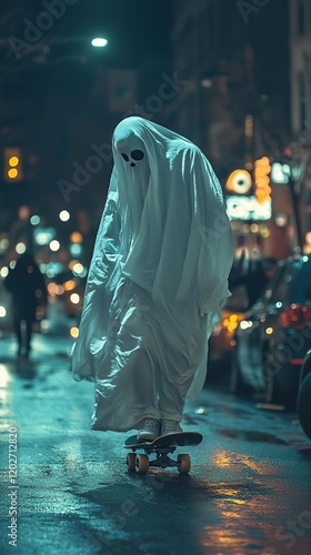 arafed ghost riding a skateboard down a city street at night photo