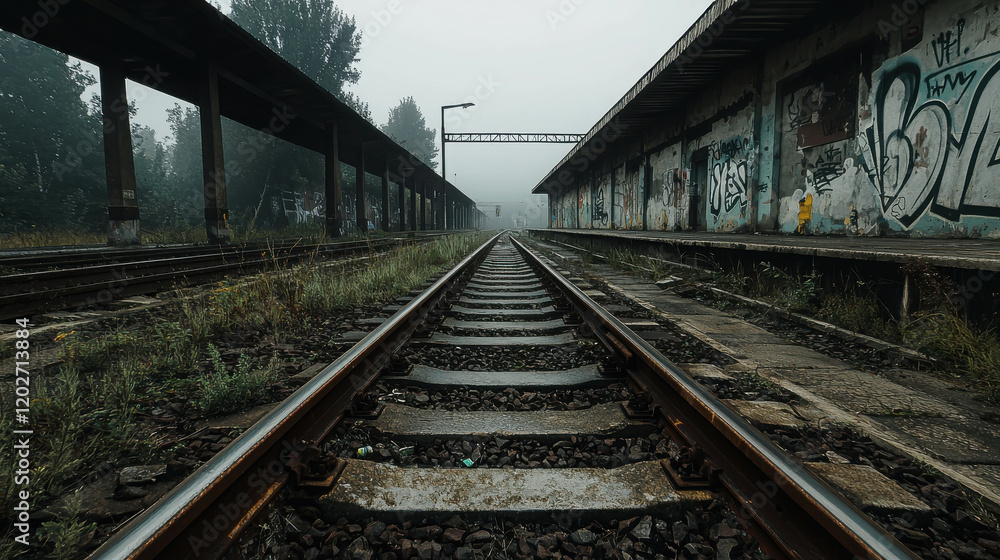 Abandoned Train Station with Empty Platforms and Overgrown Tracks in Foggy Landscape Abandoned Train Station with Empty Platforms and Overgrown Tracks in Foggy Landscape
