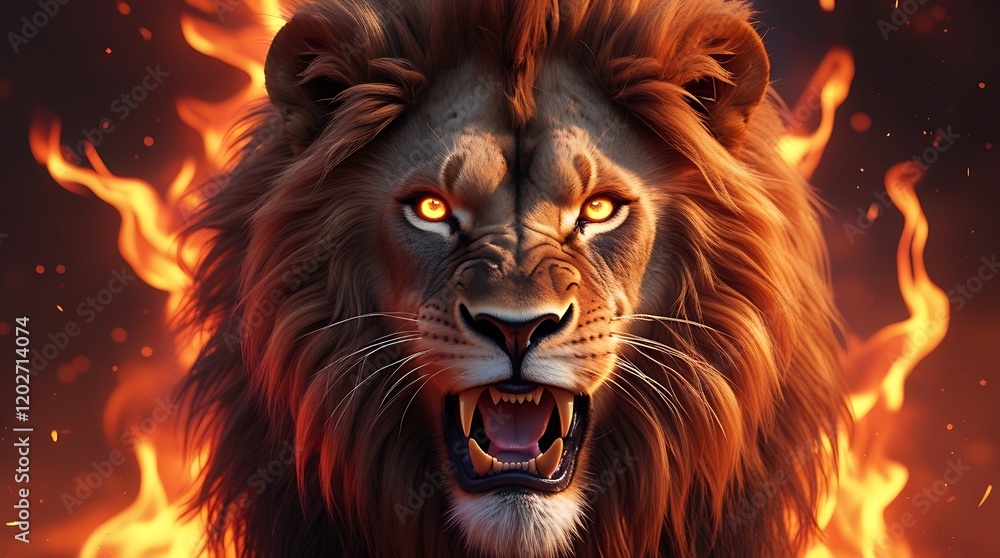 Naklejka premium Roaring Lion with Flaming Mane: Fierce Lion in Fire Backdrop, Majestic Fiery Lion Art, Powerful Flaming Lion Portrait, Burning Lion Roar, Intense Lion Fire Image with Flames in Background