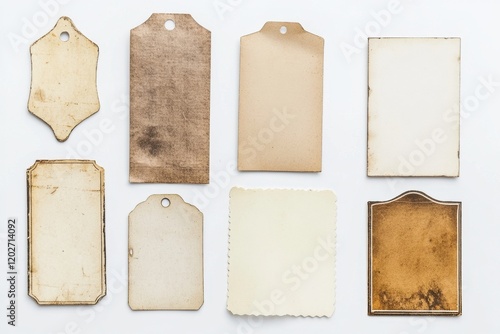 A collection of vintage tags and paper with a white background