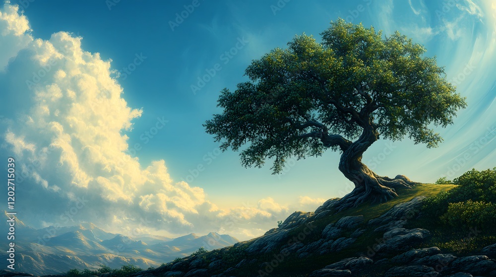 Majestic Tree Stands Alone on Mountaintop Under Blue Sky Majestic Tree Stands Alone on Mountaintop Under Blue Sky