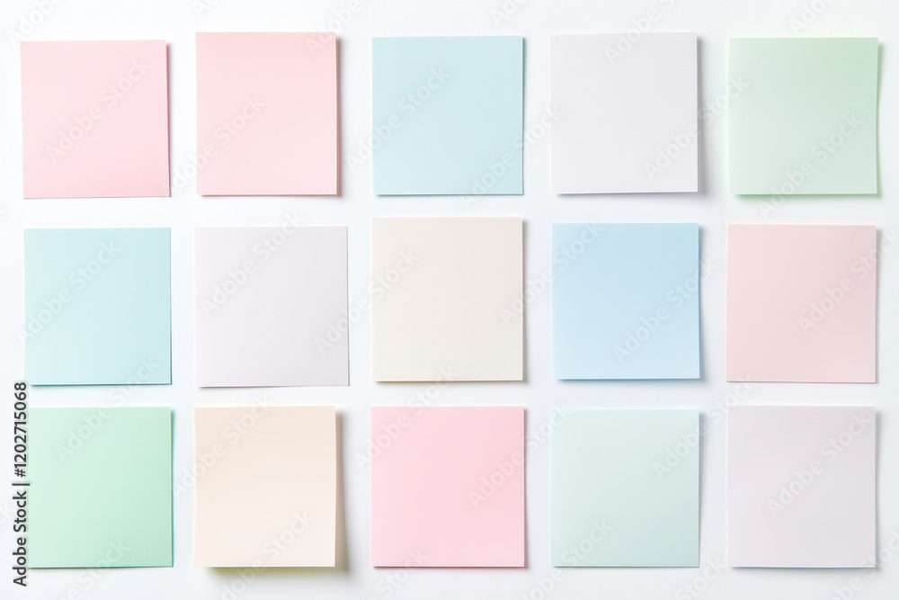 A row of colorful sticky notes are arranged in a grid on a white background A row of colorful sticky notes are arranged in a grid on a white background