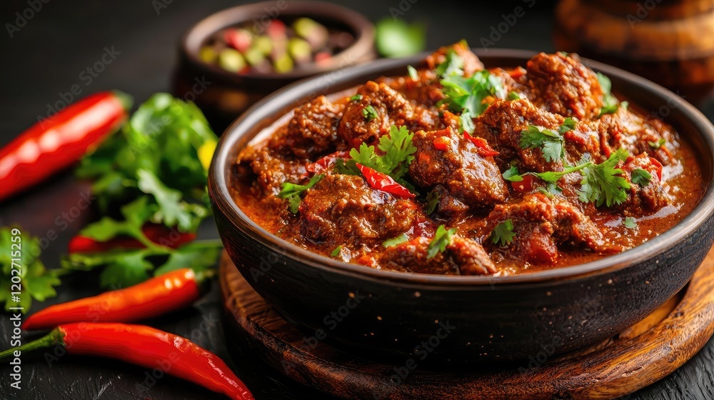 Spicy beef stew in bowl, dark background, chili peppers, cilantro. Recipe, food blog, cookbook Spicy beef stew in bowl, dark background, chili peppers, cilantro. Recipe, food blog, cookbook