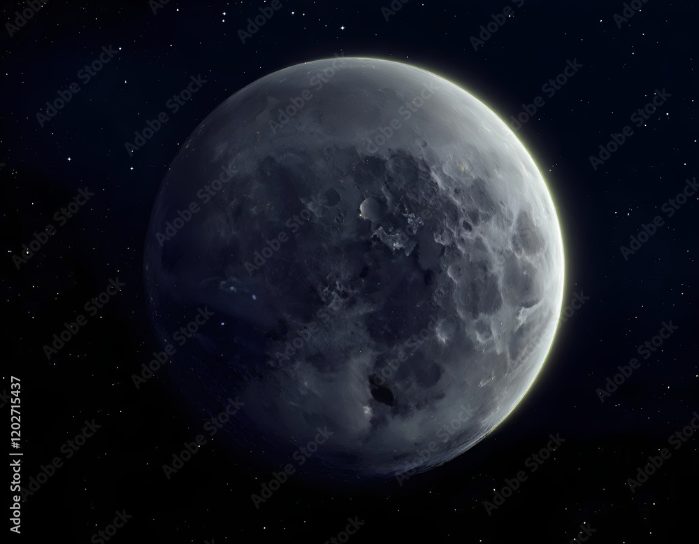 Fototapeta premium Realistic 3D view of the moon with detailed craters and glowing edges in a dark starry sky.