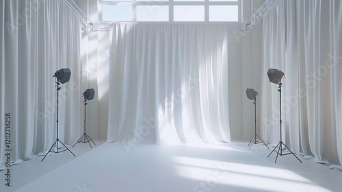 arafed photo of a room with a white curtain and three lights photo