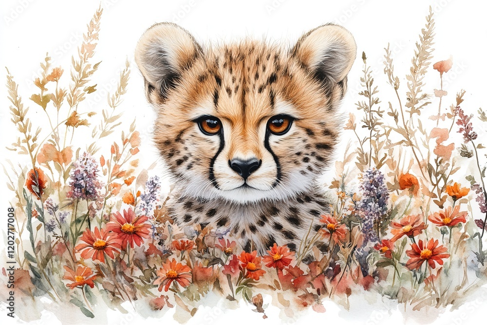 Fototapeta premium A charming illustration of a cheetah cub surrounded by colorful flowers and greenery.