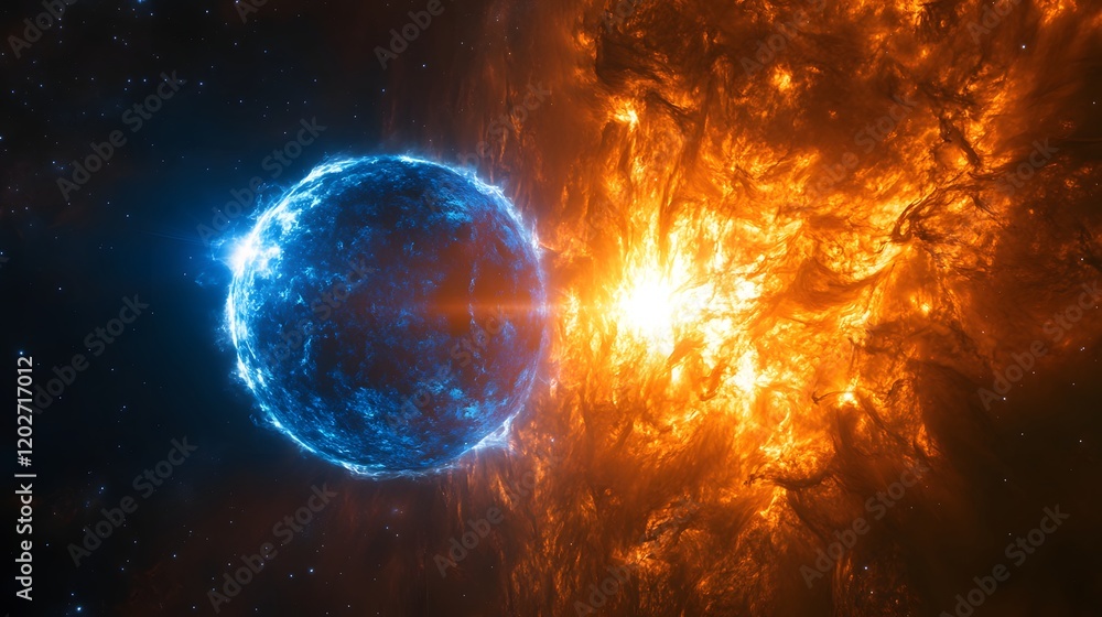 Fototapeta premium Celestial Bodies Colliding In A Fiery Cosmic Dance