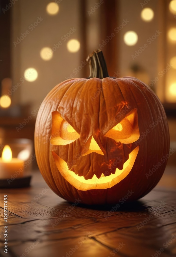 A carved pumpkin with a glowing face in the center, placed on a wooden table in front of a blurred background with a warm, cozy atmosphere., autumnal, home decor, haloween decor A carved pumpkin with a glowing face in the center, placed on a wooden table in front of a blurred background with a warm, cozy atmosphere., autumnal, home decor, haloween decor