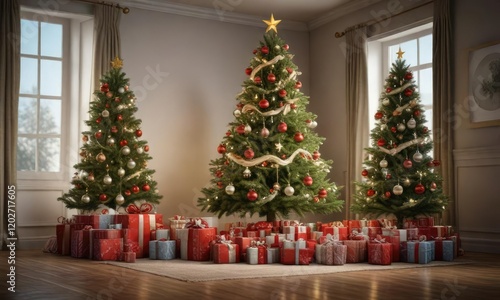 A Christmas tree with beautifully wrapped presents and ornaments  festive decor  gift wrap