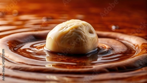 A close-up of a small, rounded lump of ivory partially submerged in a gloopy brown substance that has started to seep out of it, mucus, gunk photo