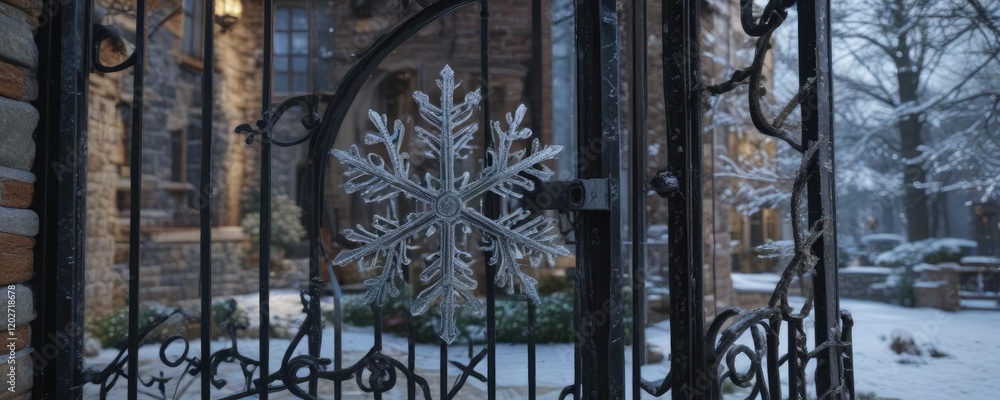 A large snowflake gently falls onto an old metal gate in front of a stone mansion with a frosty windowpane, cold metal, old stone mansion, snowflakes falling A large snowflake gently falls onto an old metal gate in front of a stone mansion with a frosty windowpane, cold metal, old stone mansion, snowflakes falling
