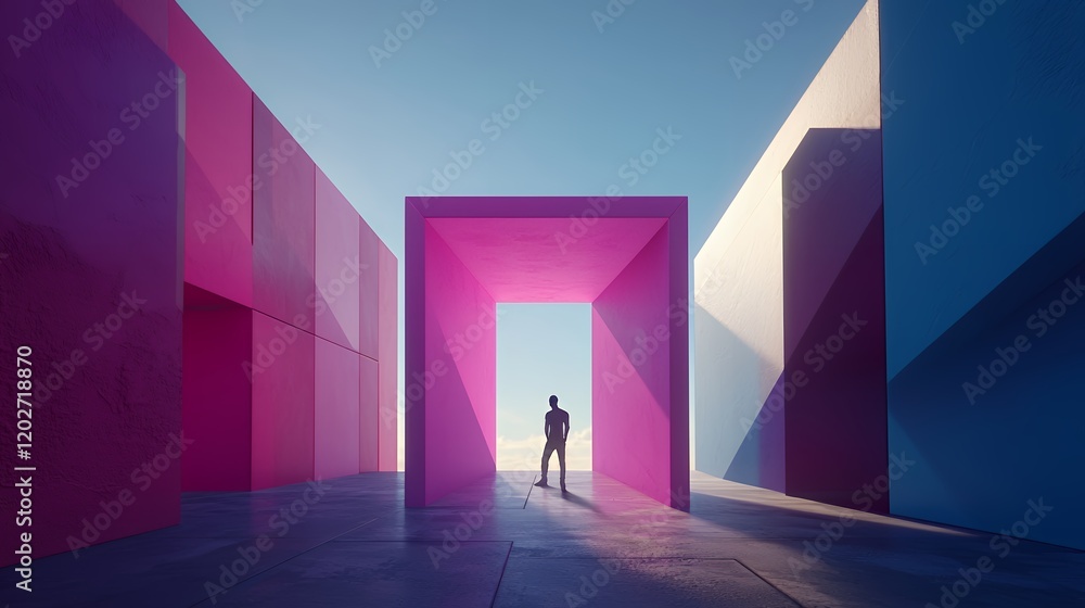 Silhouette of a Man Contemplating at the Gateway of Colorful Architecture Silhouette of a Man Contemplating at the Gateway of Colorful Architecture