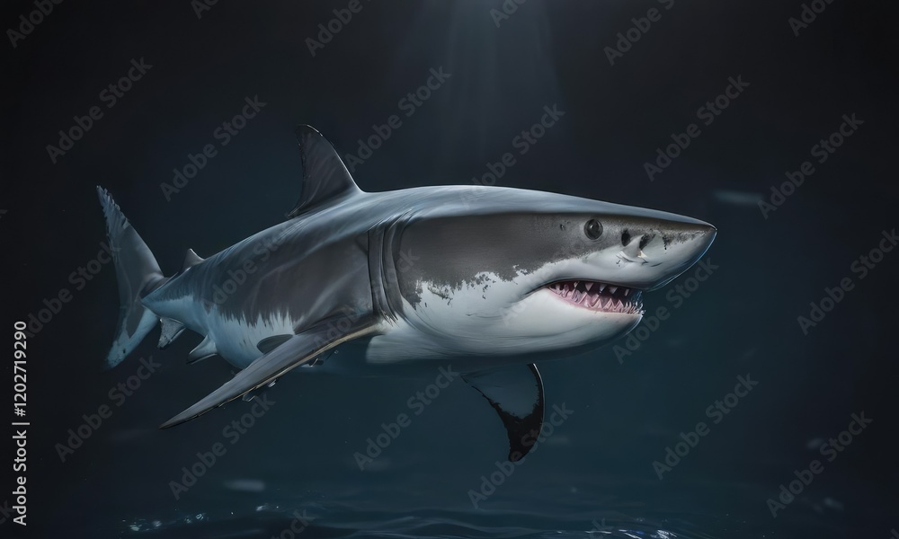 Obraz premium A majestic great white shark swims in the dark blue ocean against a pure black background, fins, deep sea, ocean waves