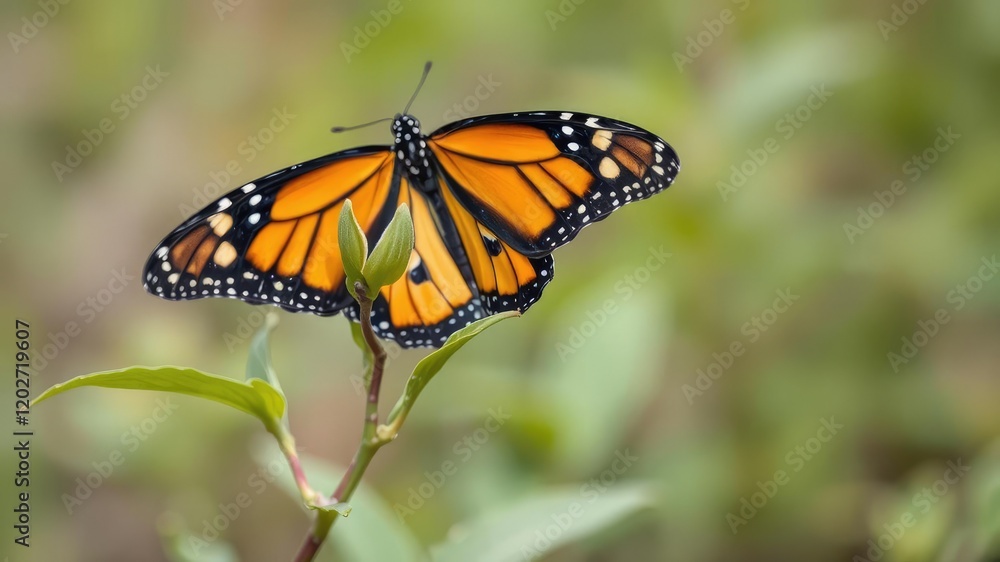 A monarch butterfly settles on a tender spring leaf with new growth, its vibrant orange and black wings a striking contrast to the fresh green surroundings, beauty, peaceful A monarch butterfly settles on a tender spring leaf with new growth, its vibrant orange and black wings a striking contrast to the fresh green surroundings, beauty, peaceful