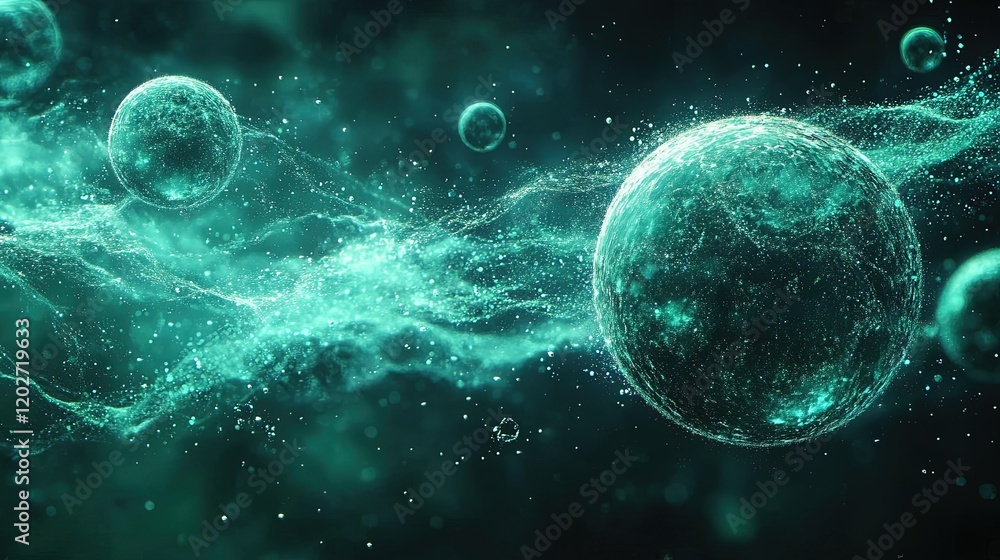Abstract representation of cosmic spheres and energy waves in a vibrant, digital environment. Abstract representation of cosmic spheres and energy waves in a vibrant, digital environment.