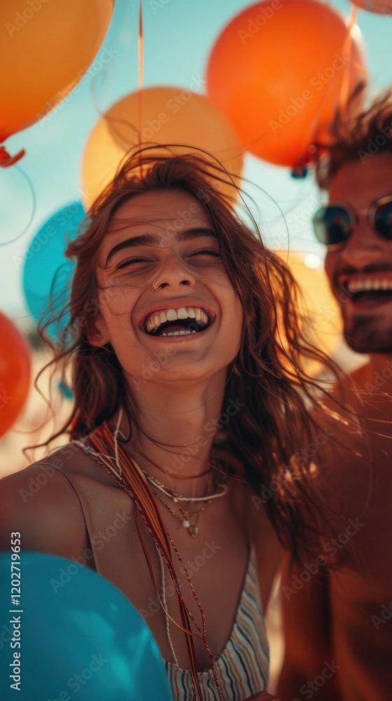 Smiling woman with sunglasses and man with balloons in background Smiling woman with sunglasses and man with balloons in background