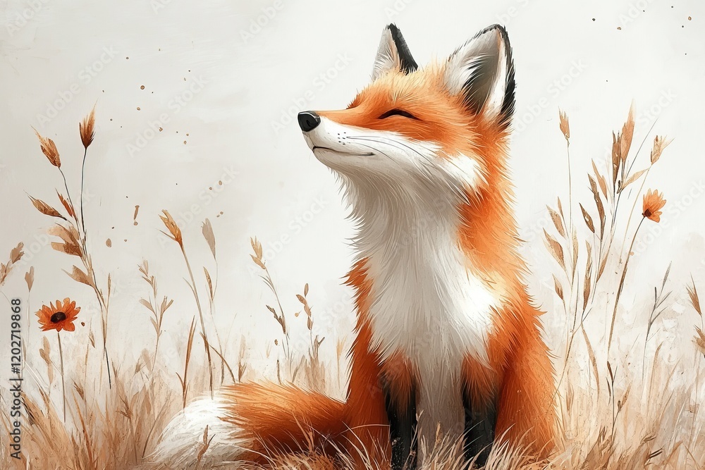 Obraz premium A serene fox sits gracefully among tall grass and flowers, exuding a peaceful aura.