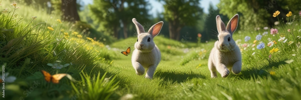 A playful Easter bunny chasing after a butterfly in a lush green meadow , animation, grass A playful Easter bunny chasing after a butterfly in a lush green meadow , animation, grass