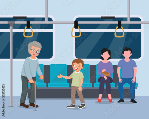 Cute little boy offering seat to elderly man in public transportation
