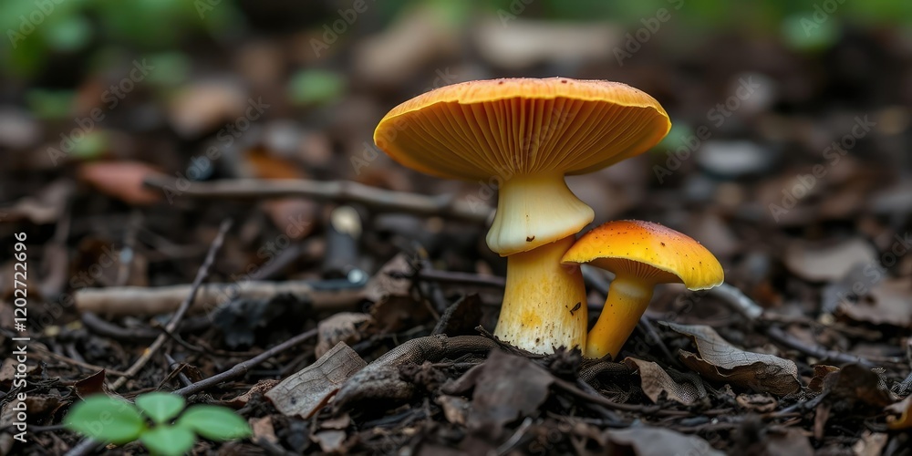 A chanterelle mushroom fruiting body emerging from the forest soil, brown, fungi, nature A chanterelle mushroom fruiting body emerging from the forest soil, brown, fungi, nature