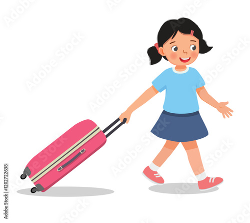 Cute little girl pulling suitcase go for traveling on summer vacation