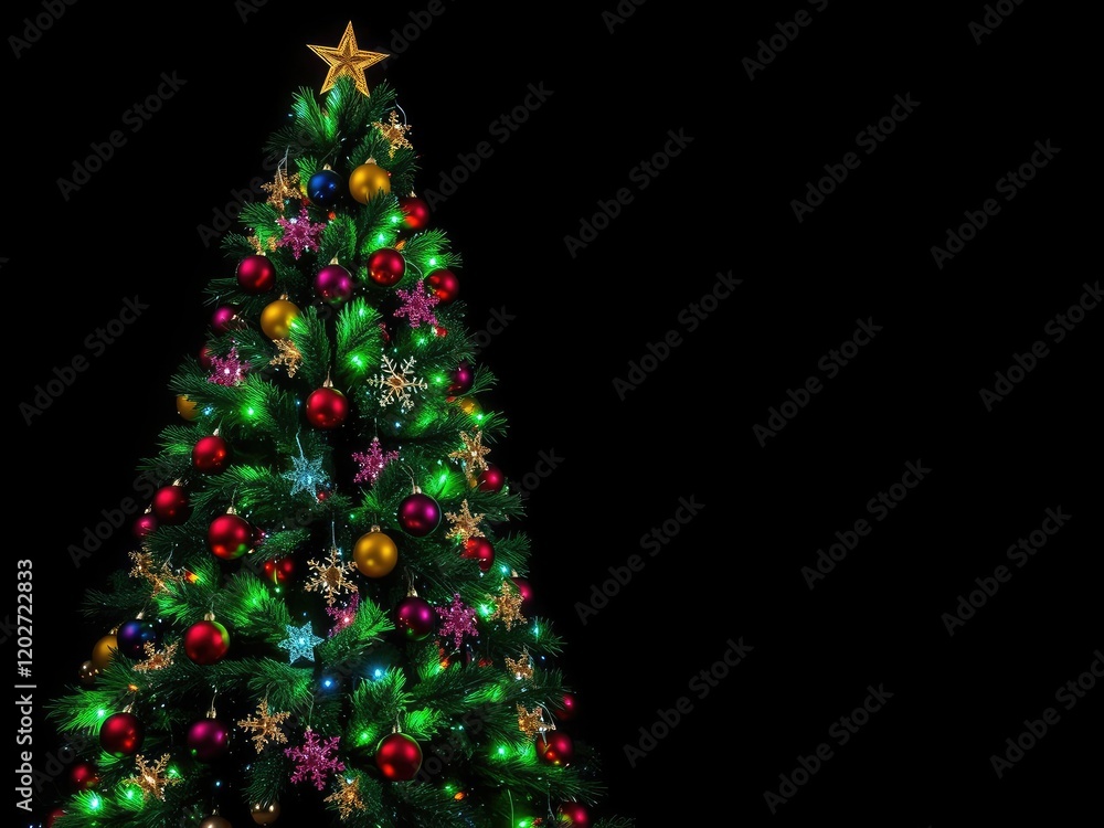A Christmas tree stands tall with a full array of colorful ornaments and sparkling lights illuminating its branches, seasonal decorating, winter wonderland, greenery A Christmas tree stands tall with a full array of colorful ornaments and sparkling lights illuminating its branches, seasonal decorating, winter wonderland, greenery